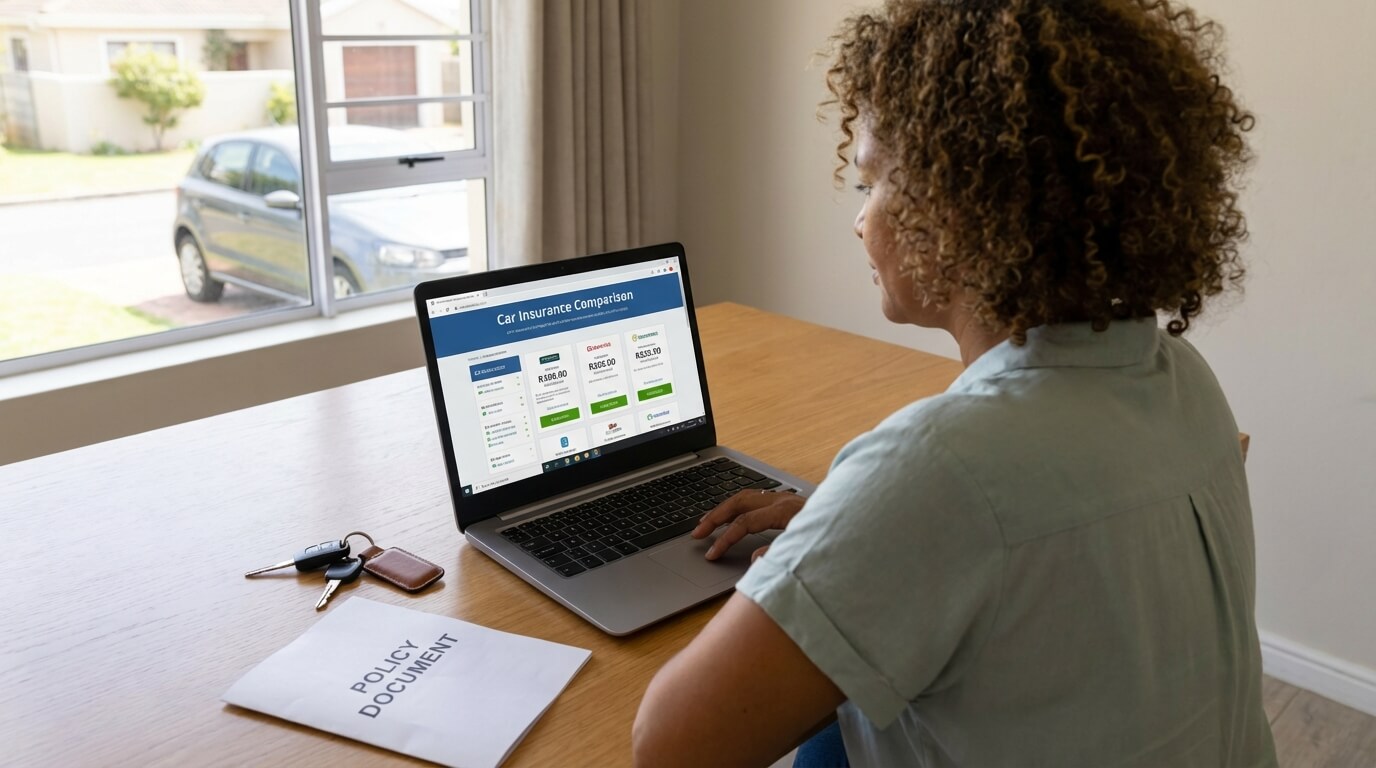 South African driver comparing car insurance quotes on a laptop at home